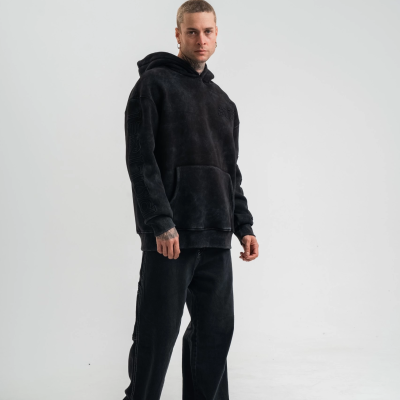 Uzun Kol Kapşonlu Yıkamalı Nakışlı SweatShirt - Siyah