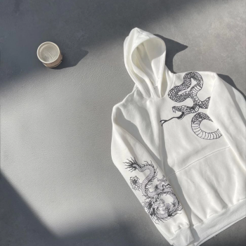 Uzun Kol Kapüşonlu Baskılı SweatShirt - Beyaz -