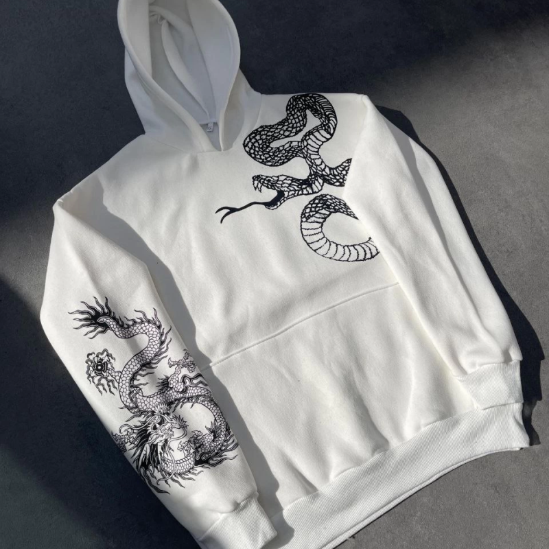 Uzun Kol Kapüşonlu Baskılı SweatShirt - Beyaz -