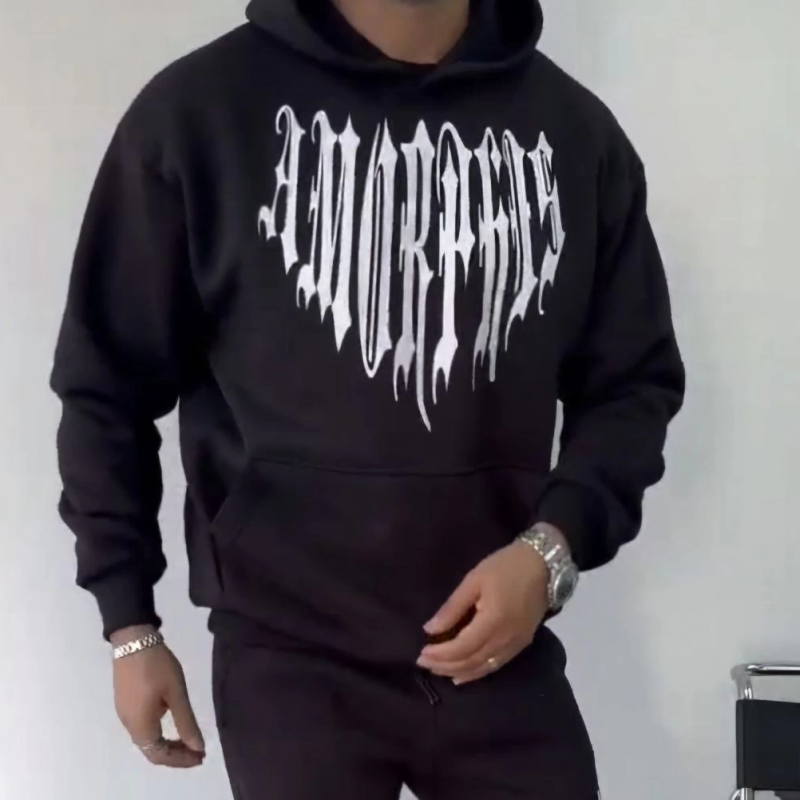 Uzun Kol Kapüşonlu Baskılı SweatShirt - Siyah -