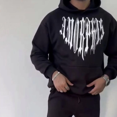 Uzun Kol Kapüşonlu Baskılı SweatShirt - Siyah -