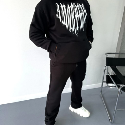 Uzun Kol Kapüşonlu Baskılı SweatShirt - Siyah -