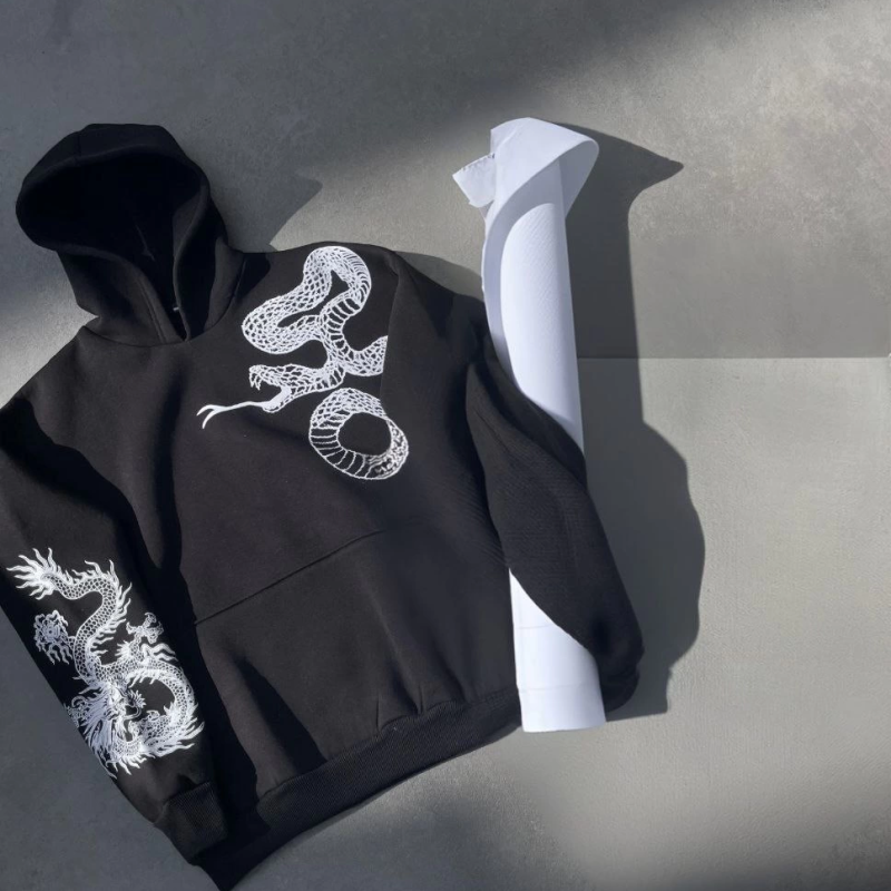 Uzun Kol Kapüşonlu Baskılı SweatShirt - Siyah -