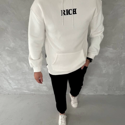 Uzun Kol Kapüşonlu Göğüs Baskılı SweatShirt - Beyaz -