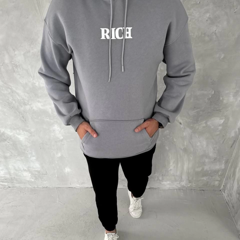 Uzun Kol Kapüşonlu Göğüs Baskılı SweatShirt - Gri