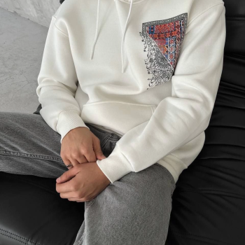 Uzun Kol Kapüşonlu Ön Ve Arka Baskılı SweatShirt - Beyaz -