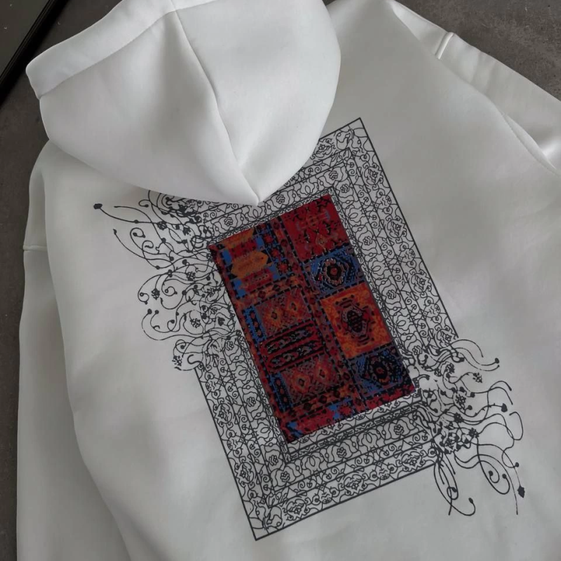 Uzun Kol Kapüşonlu Ön Ve Arka Baskılı SweatShirt - Beyaz -