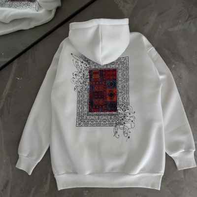 Uzun Kol Kapüşonlu Ön Ve Arka Baskılı SweatShirt - Beyaz -