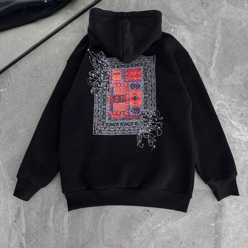 Uzun Kol Kapüşonlu Ön Ve Arka Baskılı SweatShirt - Siyah -