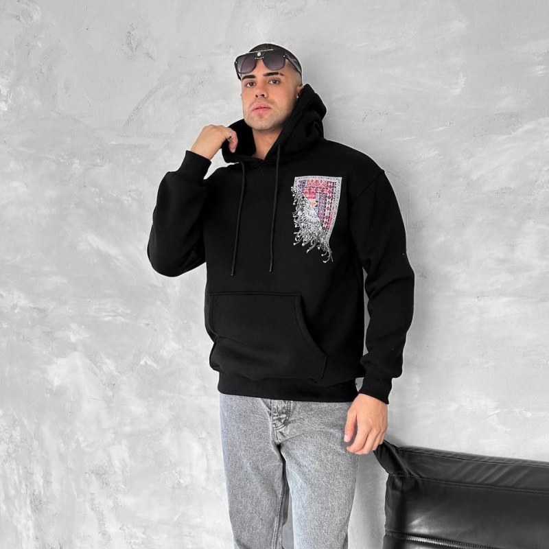 Uzun Kol Kapüşonlu Ön Ve Arka Baskılı SweatShirt - Siyah -