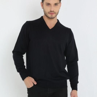 Uzun Kol V Yaka Triko Kazak - Siyah