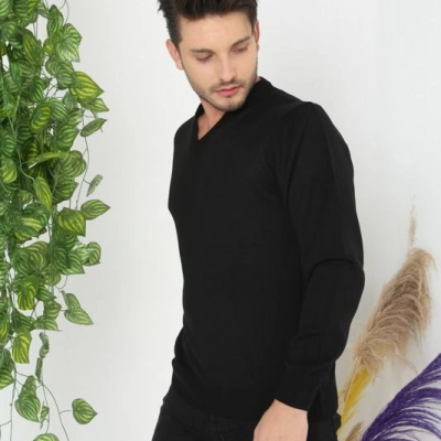 Uzun Kol V Yaka Triko Kazak - Siyah