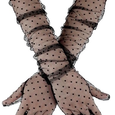 Uzun Siyah Puantiyeli Yetişkin Tül Eldiven