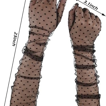 Uzun Siyah Puantiyeli Yetişkin Tül Eldiven