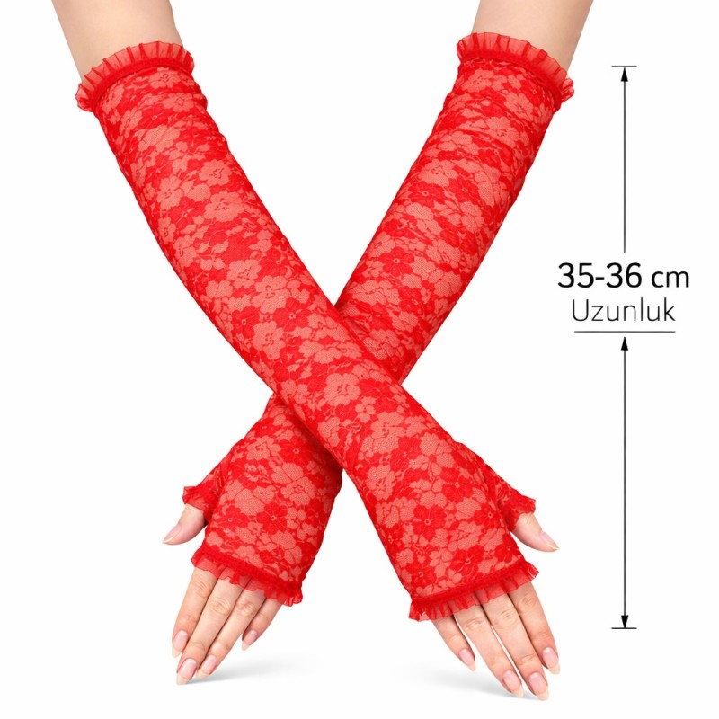 Uzun Zarif Dantel Eldiven Parmaksız Kırmızı 