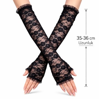 Uzun Zarif Dantel Eldiven Parmaksız Siyah 