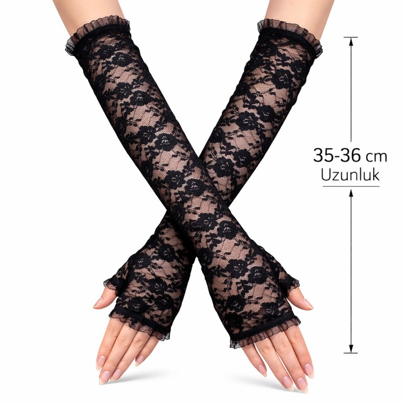 Uzun Zarif Dantel Eldiven Parmaksız Siyah 