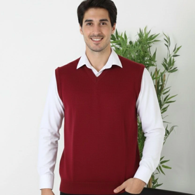 V Yaka Kolsuz Süveter Triko Kazak yumuşak dokulu Pamuklu ince Dokuma Rahat Regular kalıp - Bordo