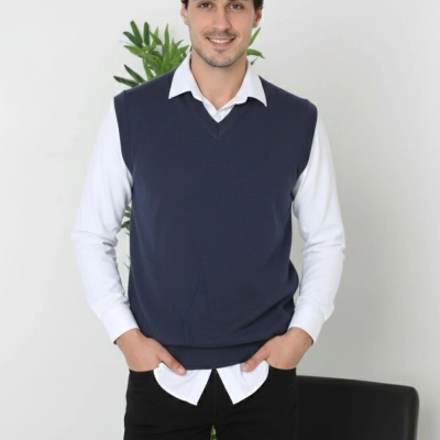 V Yaka Kolsuz Süveter Triko Kazak yumuşak dokulu Pamuklu ince Dokuma Rahat Regular kalıp - Lacivert