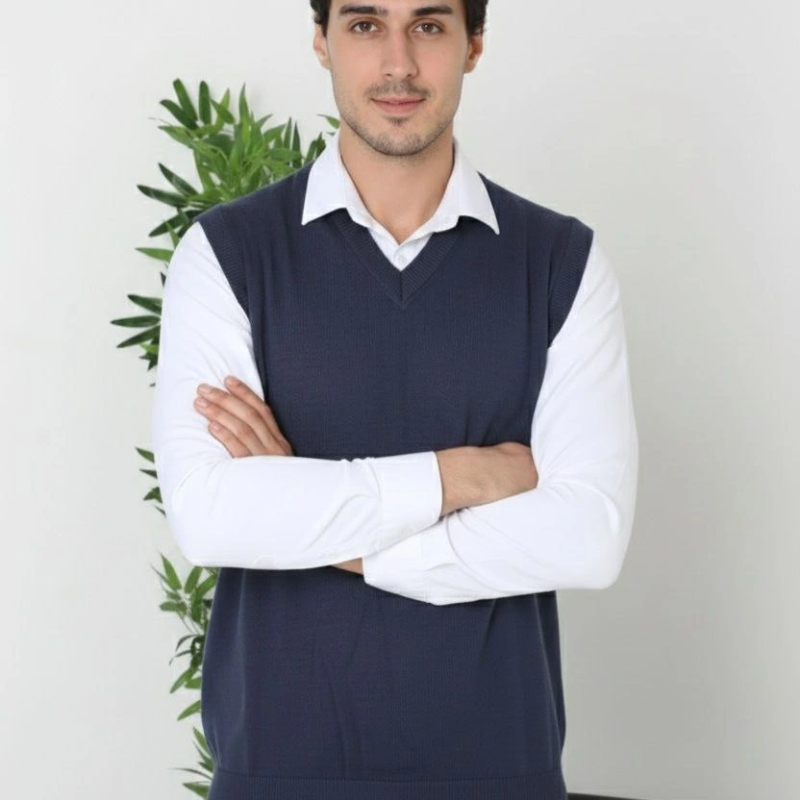 V Yaka Kolsuz Süveter Triko Kazak yumuşak dokulu Pamuklu ince Dokuma Rahat Regular kalıp - Lacivert