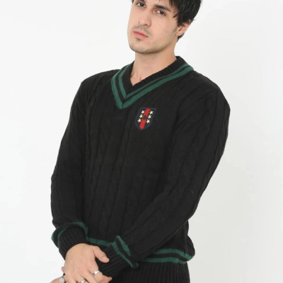 V Yaka Örgülü Kazak - Siyah -