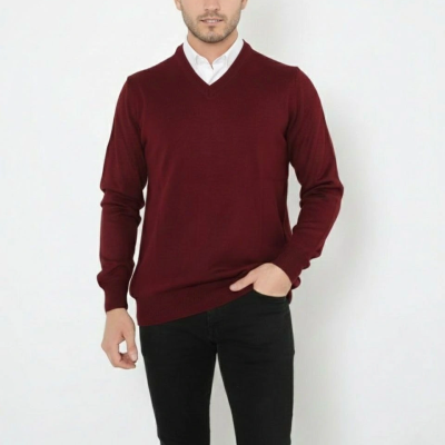 V Yaka Triko Kazak yumuşak dokulu Pamuklu ince Dokuma, uzun kollu Rahat Regular kalıp - Bordo