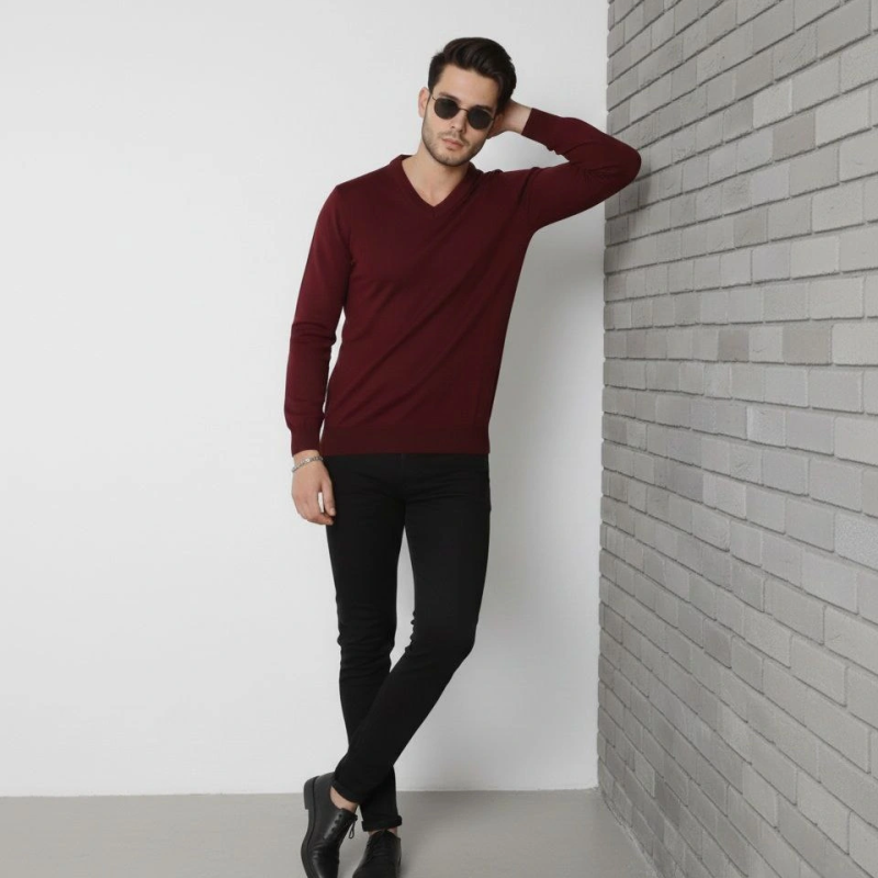 V Yaka Triko Kazak yumuşak dokulu Pamuklu ince Dokuma, uzun kollu Rahat Regular kalıp - Bordo