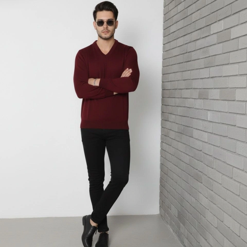 V Yaka Triko Kazak yumuşak dokulu Pamuklu ince Dokuma, uzun kollu Rahat Regular kalıp - Bordo