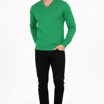 V Yaka Triko Kazak yumuşak dokulu Pamuklu ince Dokuma, uzun kollu Rahat Regular kalıp - Çimen Yeşili