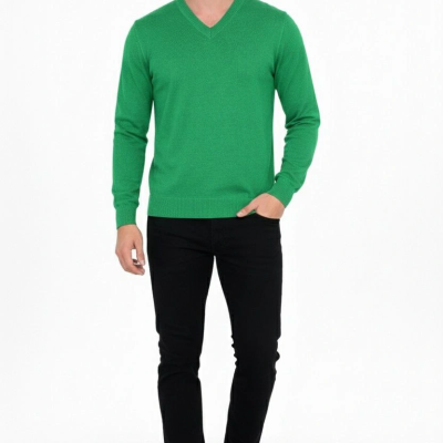 V Yaka Triko Kazak yumuşak dokulu Pamuklu ince Dokuma, uzun kollu Rahat Regular kalıp - Çimen Yeşili