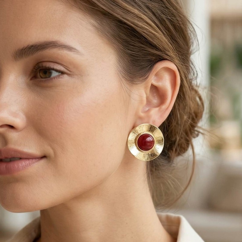 Vintage Model Bordo Gold Renk Pirinç Kadın Küpe