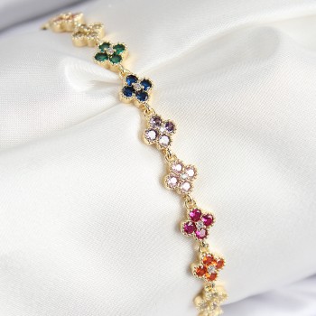 VIP Pirinç Renkli Zirkon Taşlı Yonca Model Gold Renk Kadın Bileklik