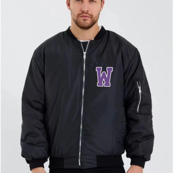 Wild One Baskılı   Bomber Mont – Panter Desenli, Fermuarlı, Kapitone Astarlı Ceket - Siyah -