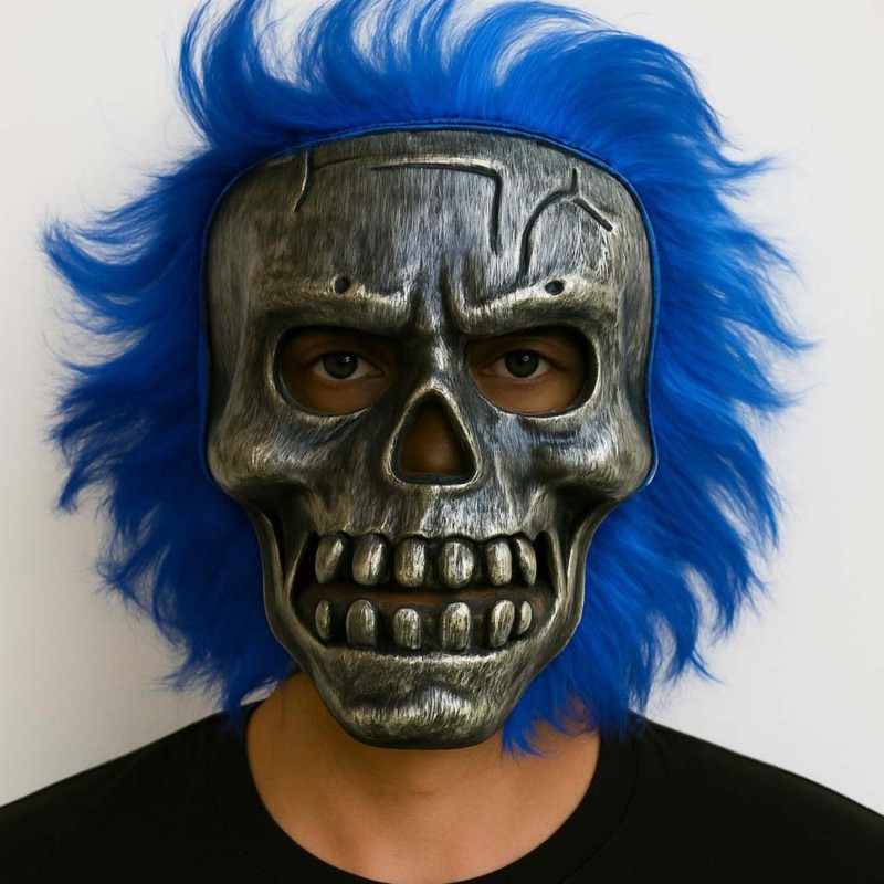 Wild Skull - Gümüş Kafatası Mavi Saçlı İskelet Maske
