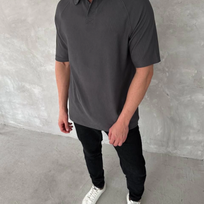 Yakalı Patlı Kısa Kol T-shirt - Antrasit -