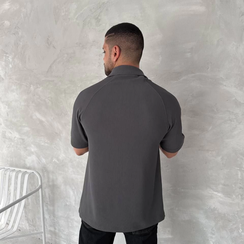 Yakalı Patlı Kısa Kol T-shirt - Antrasit -