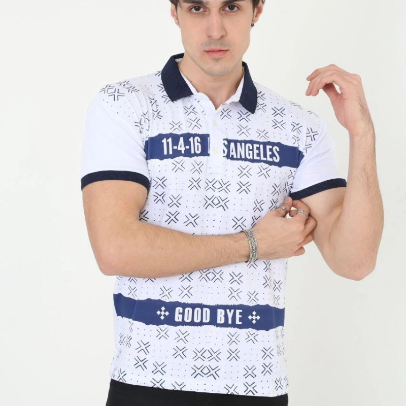 Yakalı Slim Fit Baskılı T-Shirt - Beyaz -