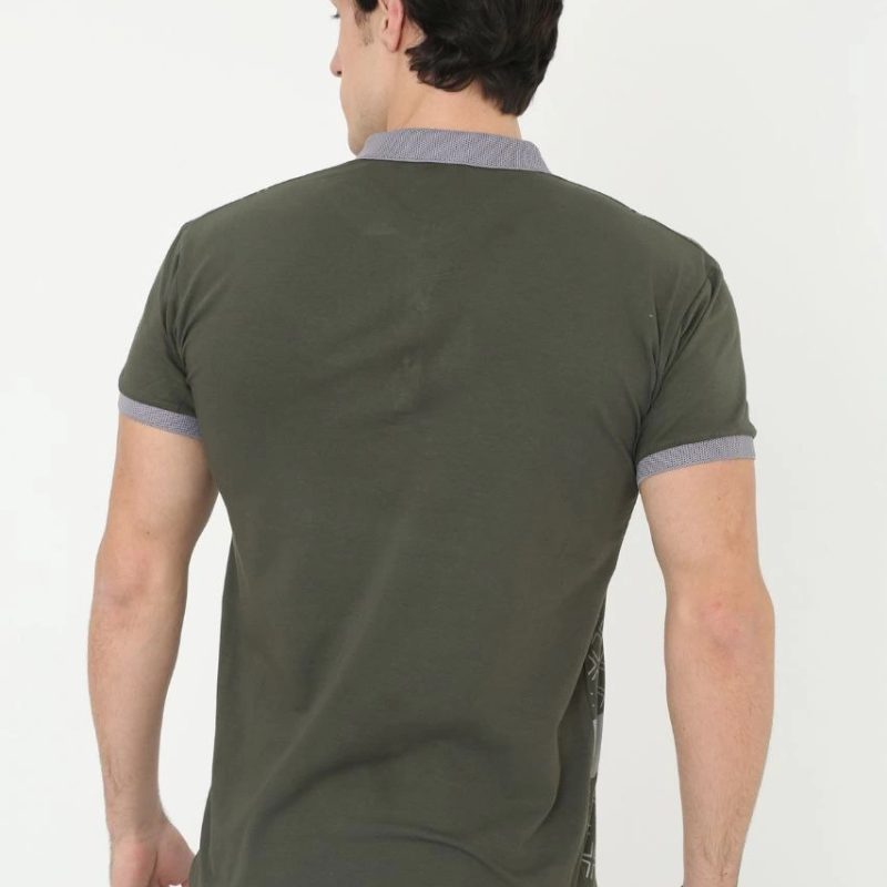 Yakalı Slim Fit Baskılı T-Shirt - Haki -