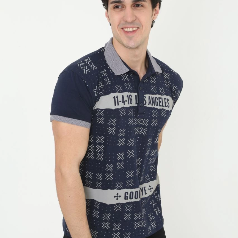 Yakalı Slim Fit Baskılı T-Shirt - Lacivert -