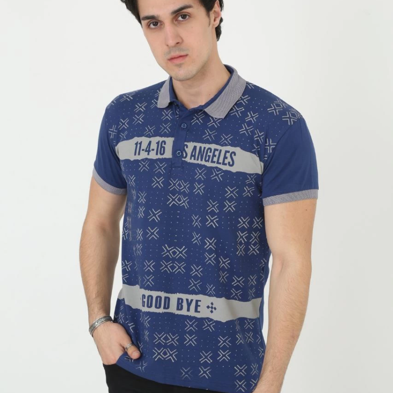 Yakalı Slim Fit Baskılı T-Shirt - Mavi -