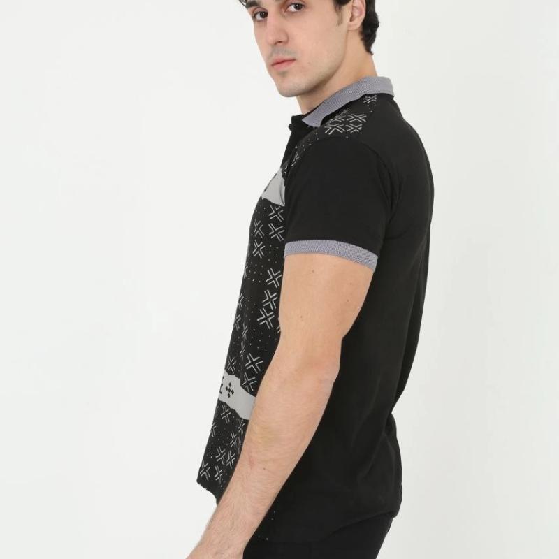 Yakalı Slim Fit Baskılı T-Shirt - Siyah -