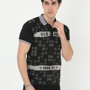 Yakalı Slim Fit Baskılı T-Shirt - Siyah -