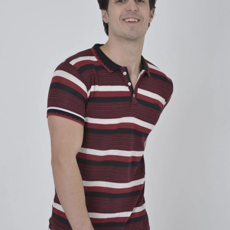 Yakalı Slim Fit Dokuma Çizgili T-Shirt - Bordo -