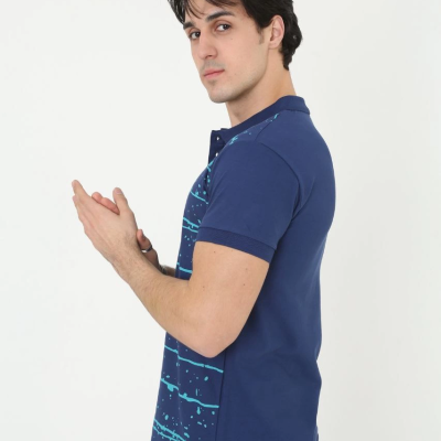 Yakalı Slim Fit Pike Çizgili T-Shirt - Mavi -