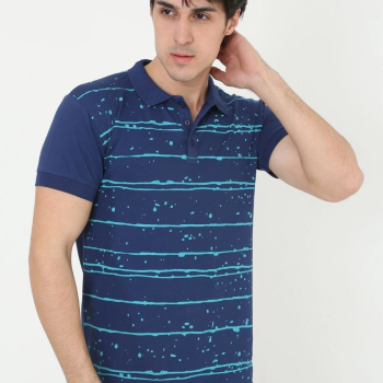 Yakalı Slim Fit Pike Çizgili T-Shirt - Mavi -