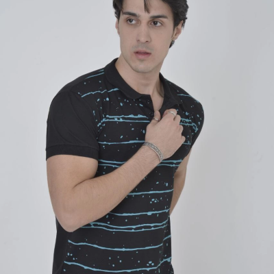 Yakalı Slim Fit Pike Çizgili T-Shirt - Siyah -