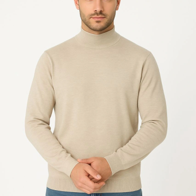 Yarım Boğaz Triko Kazak-hat Regular kalıp - Bej