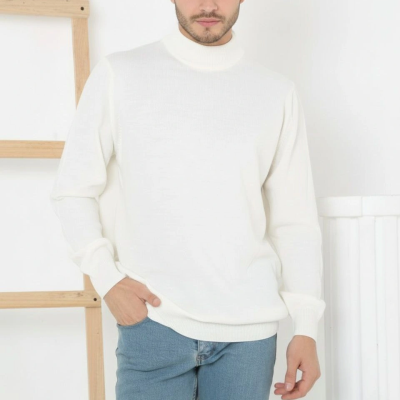 Yarım Boğaz Triko Kazak yumuşak dokulu Pamuklu ince Dokuma, uzun kollu Rahat Regular kalıp - Beyaz