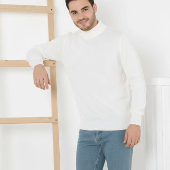 Yarım Boğaz Triko Kazak yumuşak dokulu Pamuklu ince Dokuma, uzun kollu Rahat Regular kalıp - Beyaz