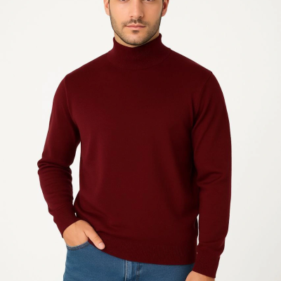 Yarım Boğaz Triko Kazak yumuşak dokulu Pamuklu ince Dokuma, uzun kollu Rahat Regular kalıp - Bordo